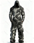 Men's Fashion Viking Contrast Color Dragon Embroidered Hoodie & Pants Two-Piece Set 3532