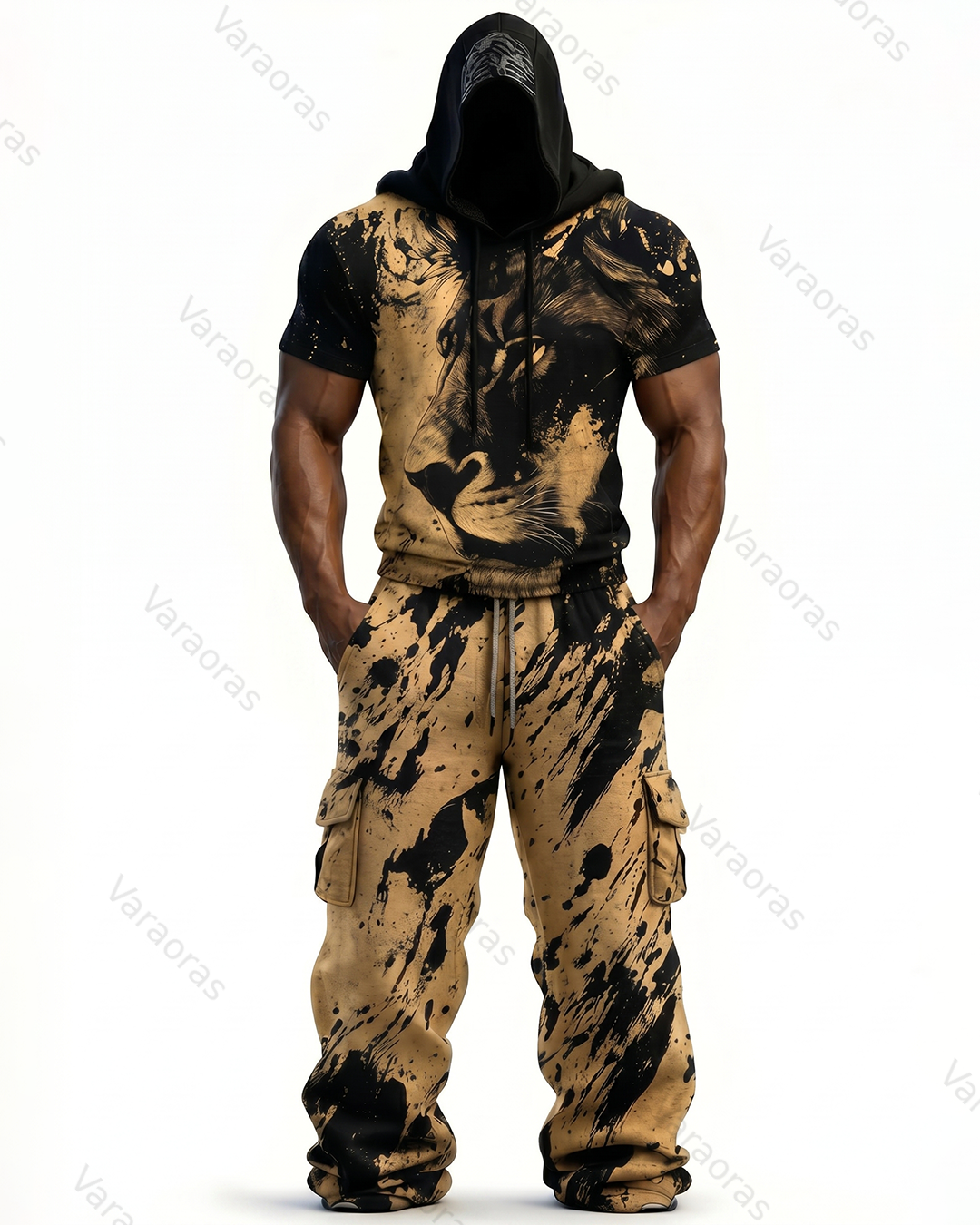 Men's Fashion Viking Contrast Color Embroidered Hoodie & Pants Two-Piece Set 2591