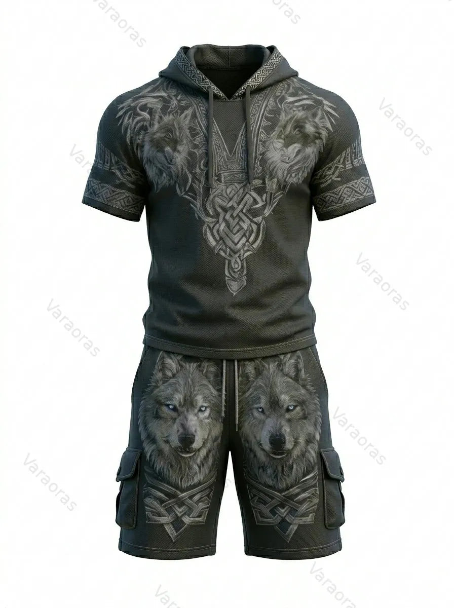 Men's Viking Contrast Color Wolf Embroidered Short-Sleeve Hoodie & Shorts Two-Piece Set 2819