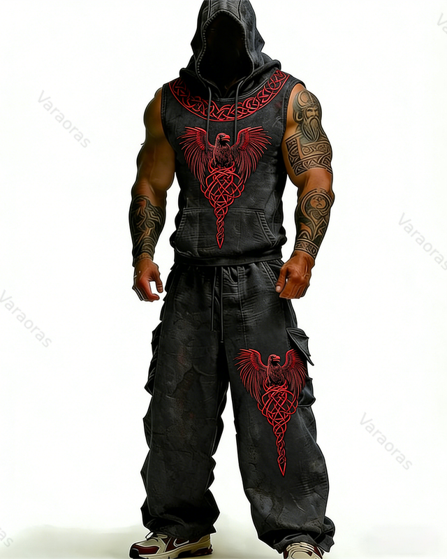 Men's Summer Outdoor Fashion: Viking Raven Embroidered Sleeveless Hoodie + Trousers Two-Piece Set 4616