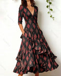 Women's Retro Elegant Fashion Printed Irregular Ruffle Patchwork Dress 4845