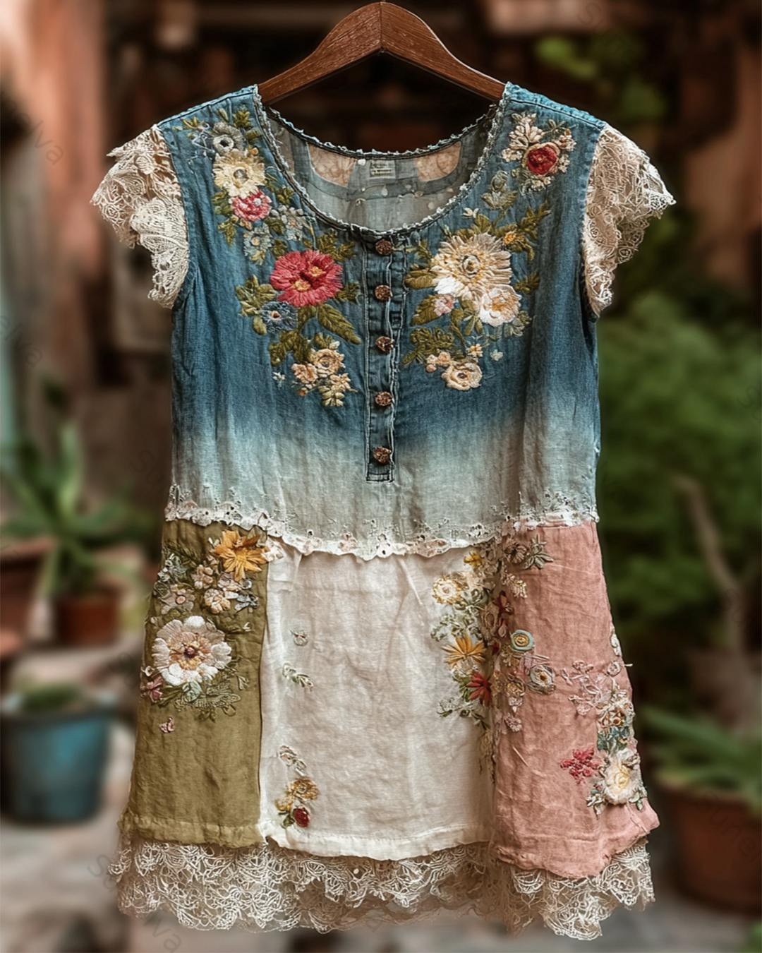 Women's Gradient Lace Patchwork Flowers Embroidery Blouse 3866