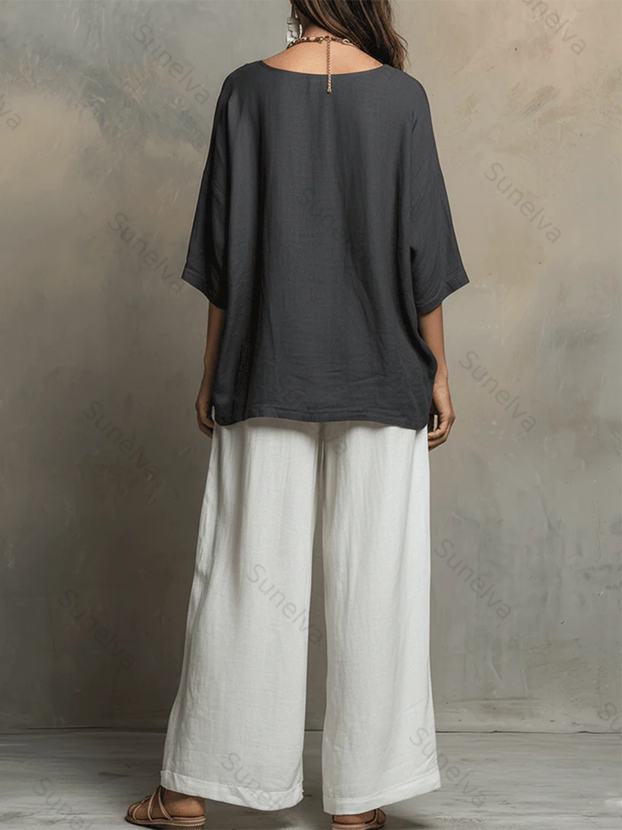Cozy Cotton-linen Irregular Top And Wide-leg Pants Two-piece Set 95ff