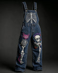 Men's Fashionable and Playful Color-Blocked Skull-Print Overalls 9565