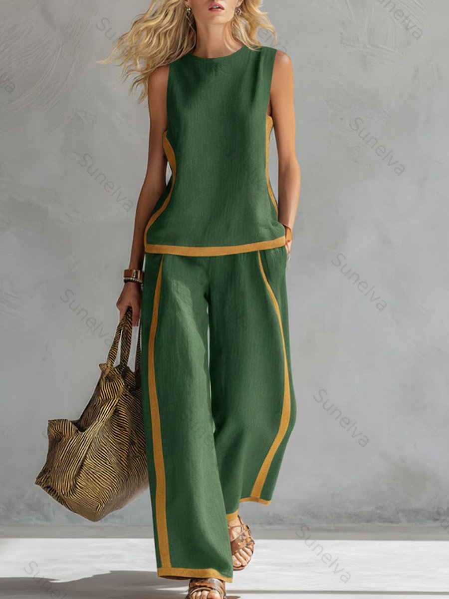 Women's Round Neck Sleeveless Casual Loose Top And High-waisted Loose Wide-leg Pants Cotton And Linen Set. 1c6a