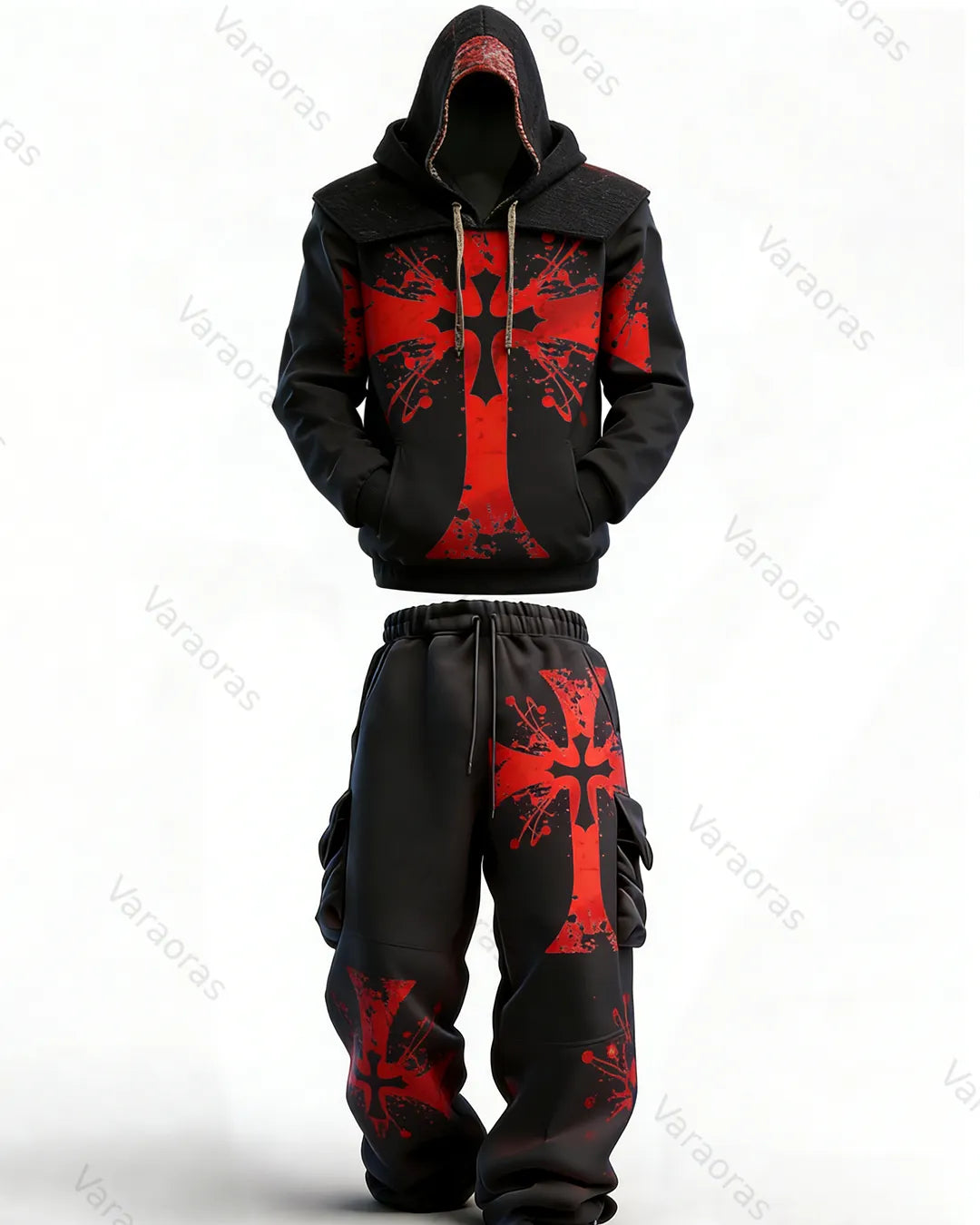 Men's Fashion Color-Block Embroidered Hoodie and Pants Two-Piece Set 7110