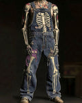 Men's Fashionable and Playful Color-Blocked Skull-Print Overalls 8164