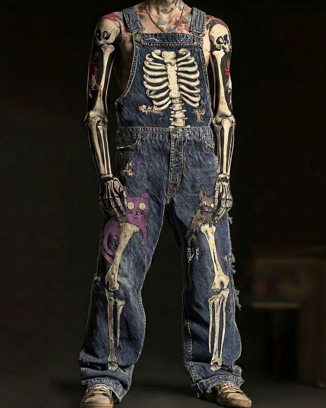 Men's Fashionable and Playful Color-Blocked Skull-Print Overalls 8164