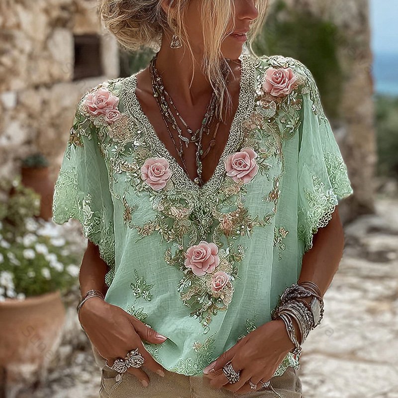Women's Pink Roses Embroidered Art V-neck Short Sleeve Linen Blend T-shirt 4f5a