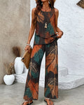 Women's Summer Vacation Retro Leaf Print Linen Sleeveless Top & Pants Two-Piece Set 6230
