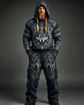 Men's Summer Fashion Viking Embroidered Cotton Linen Hooded Top and Pants Two-Piece Set 7296