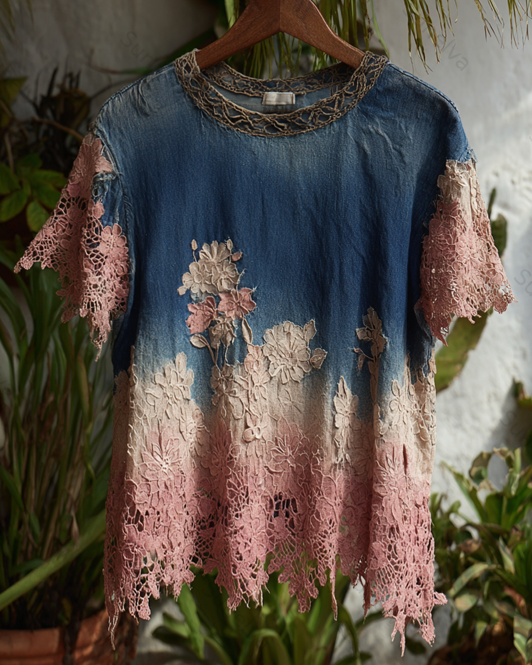 Women's Tie-dye Gradient Lace Patchwork Flowers Embroidery Blouse 1496