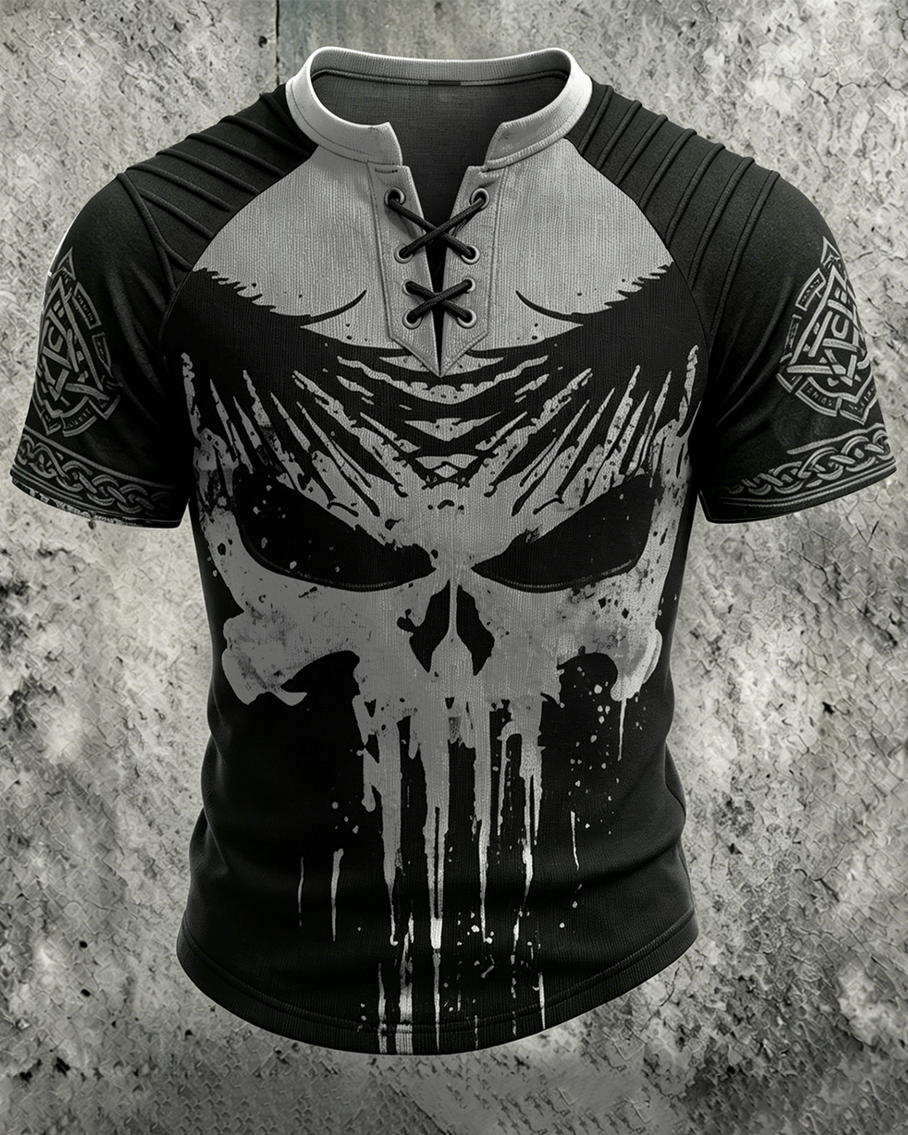 Men's Viking Skull Print Short-Sleeve Henley T-Shirt 3904