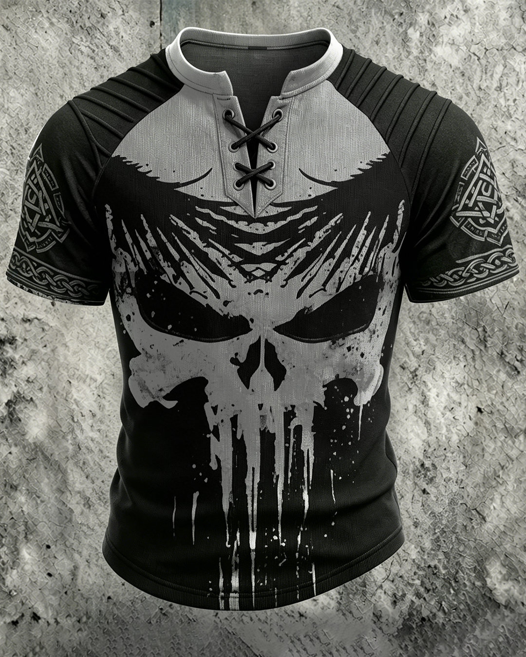 Men's Viking Skull Print Short-Sleeve Henley T-Shirt 3904