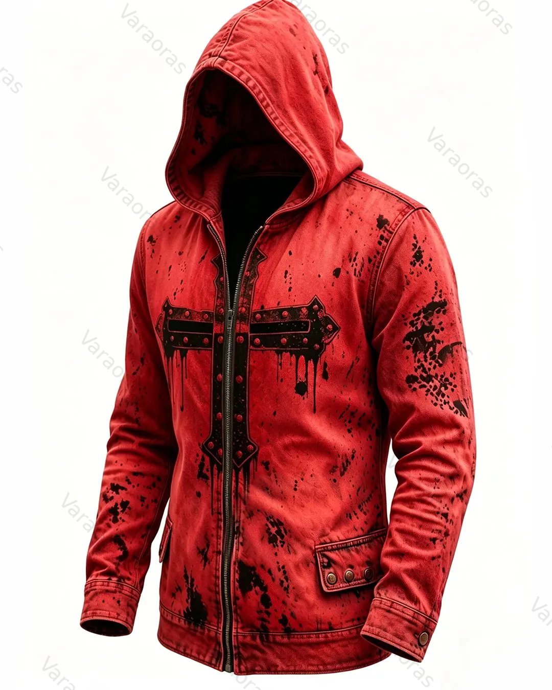 Men's Retro Fashion Red Cross Print Cotton Linen Hooded Zipper Jacket 5139