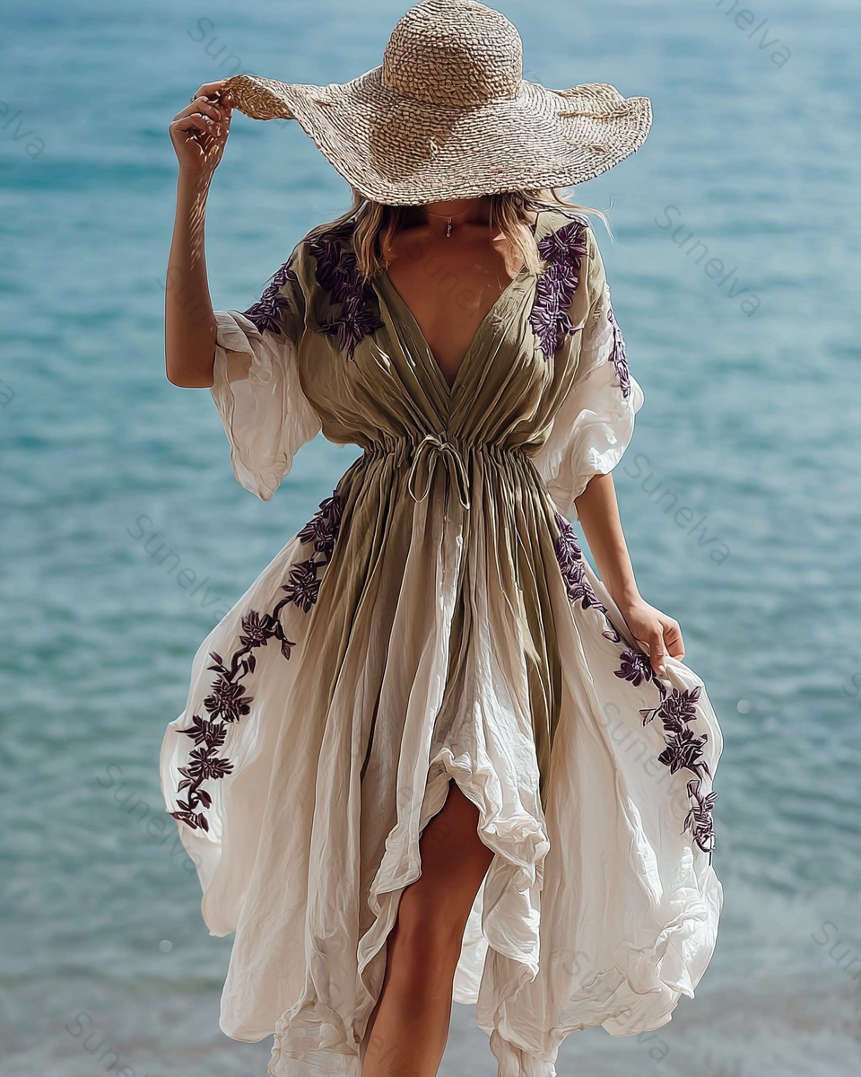 Seaside Vacation Bohemian Style Full-Length Midi Dress 8752