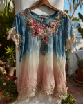 Women's Tie-dye Gradient Lace Patchwork Flowers Embroidery Blouse 6291