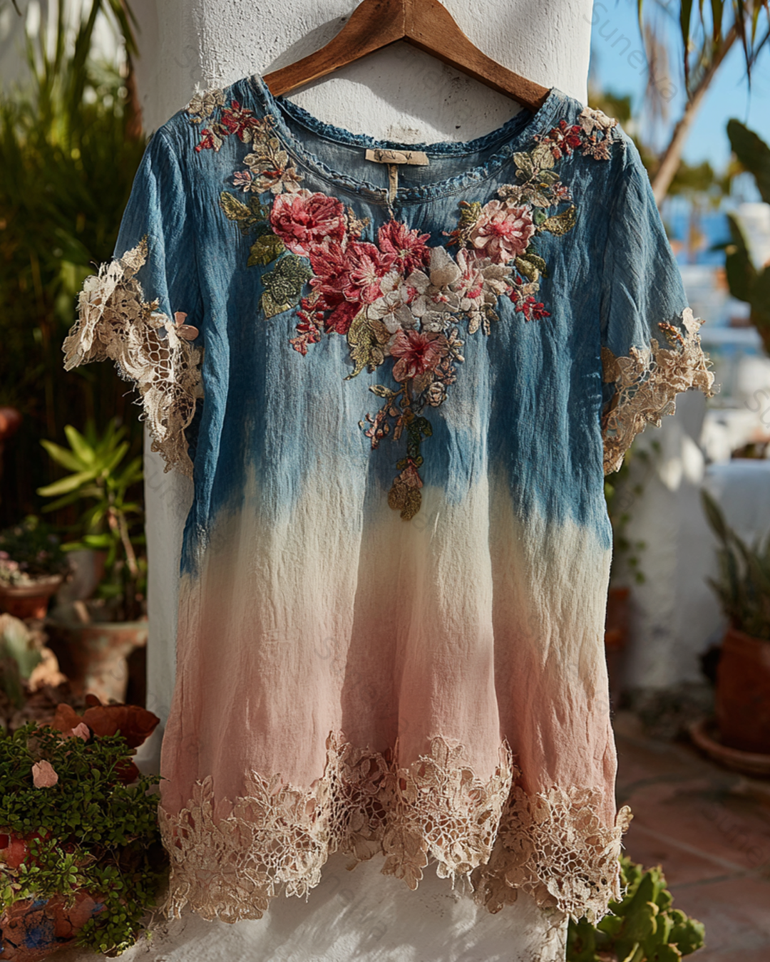 Women's Tie-dye Gradient Lace Patchwork Flowers Embroidery Blouse 6291