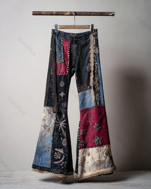 Spring/Summer Color-Blocked Denim Linen Embroidered Trousers6678