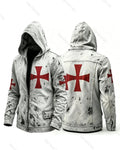 Men's Retro Fashion Red Cross Print Cotton Linen Hooded Zipper Jacket 9630