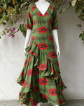 Women's Vacation Contrasting Color Irregular Ruffle Linen Dress 7770