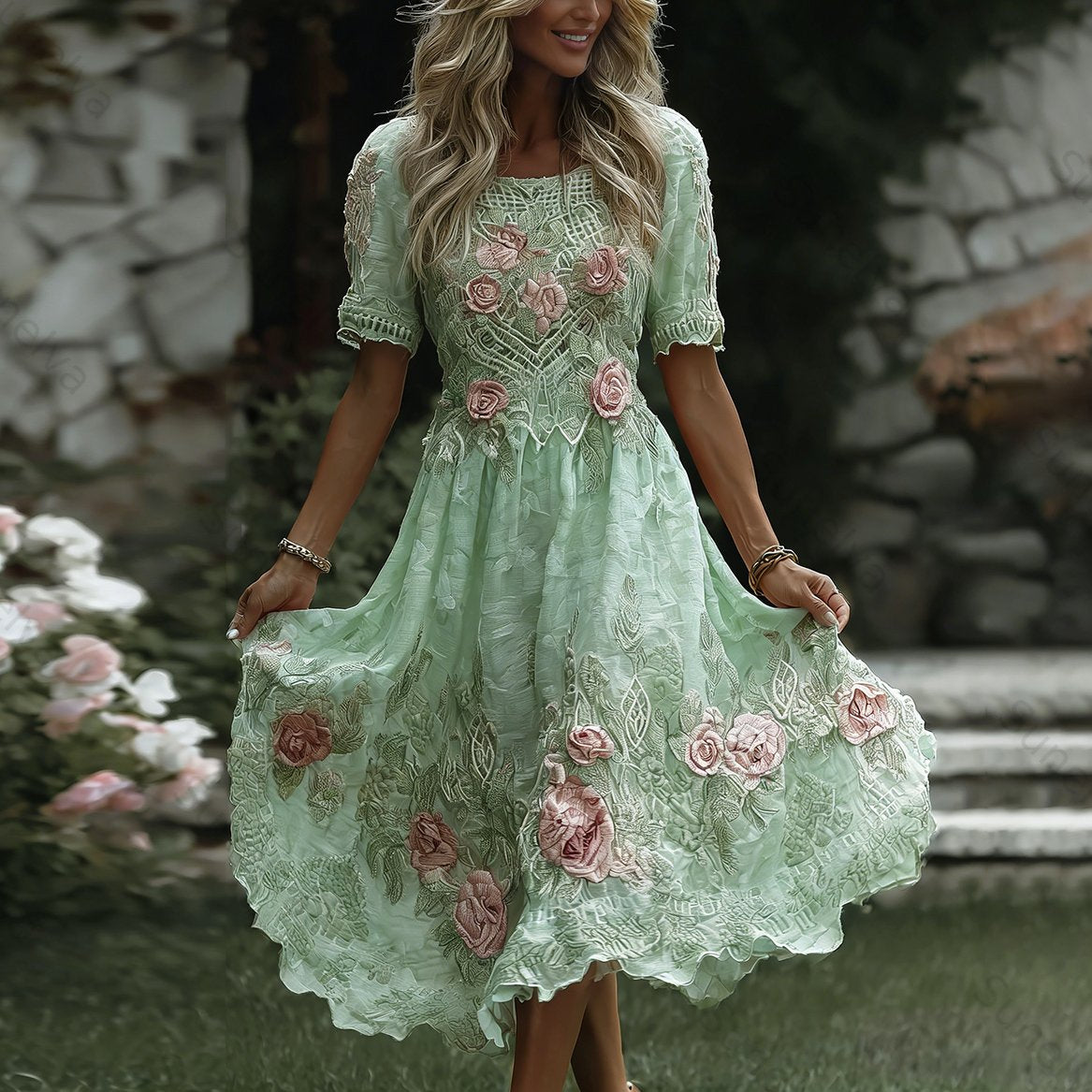 Women's Floral Art Print Flowy Linen Blend Casual Short Sleeve Maxi Dress dd62