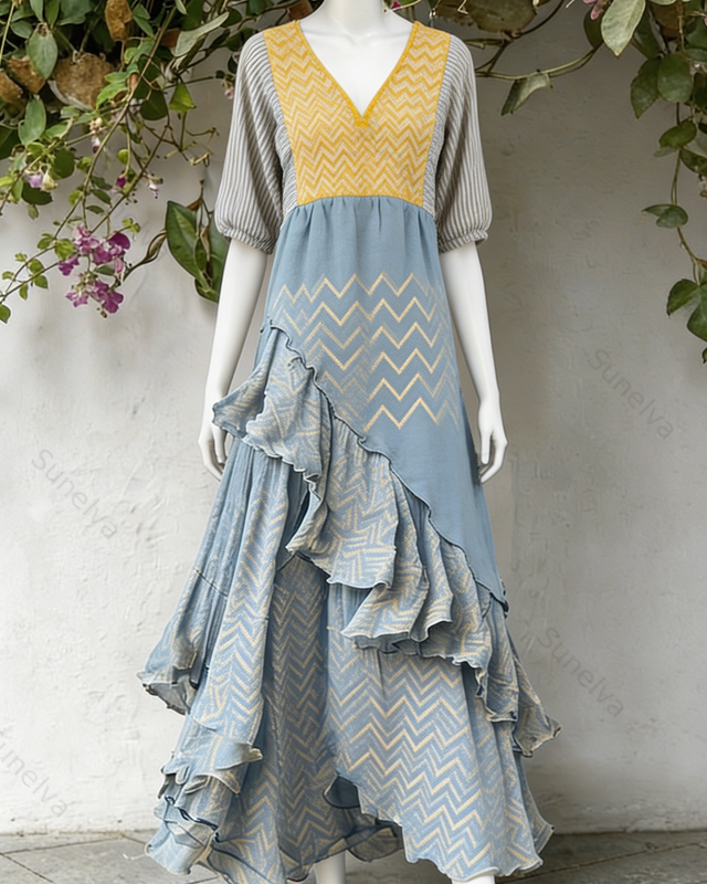 Women's Vacation Contrasting Color Irregular Ruffle Linen Dress 1238