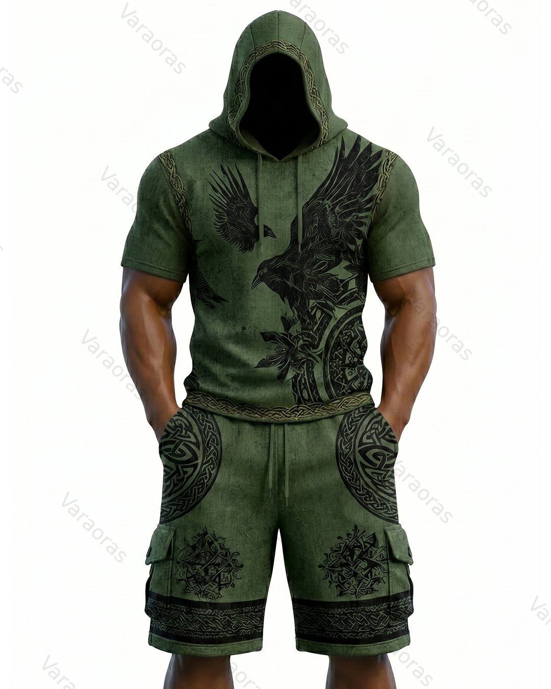 Men's Viking Contrast Color Embroidered Short-Sleeve Hoodie & Shorts Two-Piece Set 1797