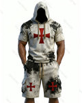 Men's Viking Contrast Color Cross Embroidered Short-Sleeve Hoodie & Shorts Two-Piece Set 8894