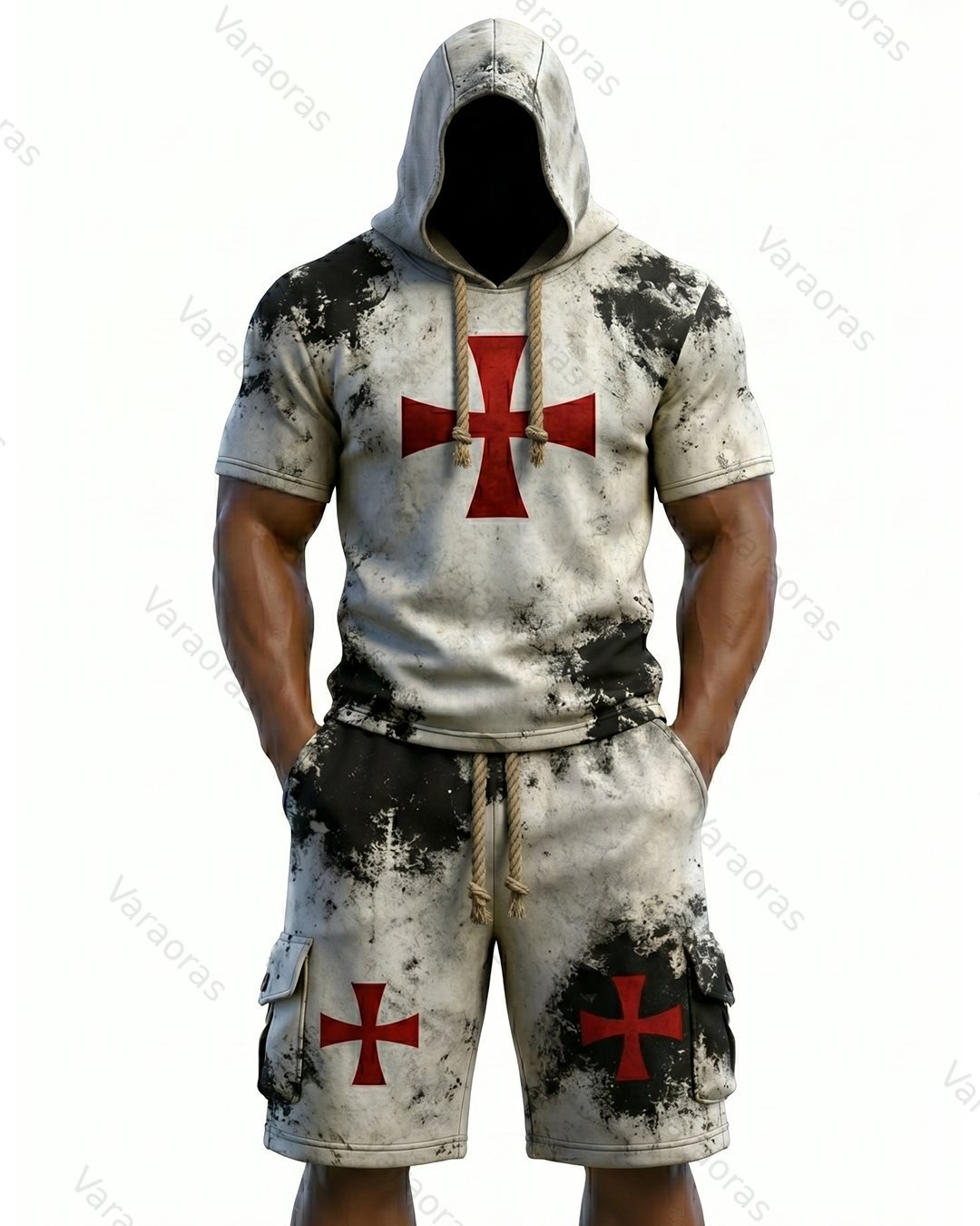 Men's Viking Contrast Color Cross Embroidered Short-Sleeve Hoodie & Shorts Two-Piece Set 8894