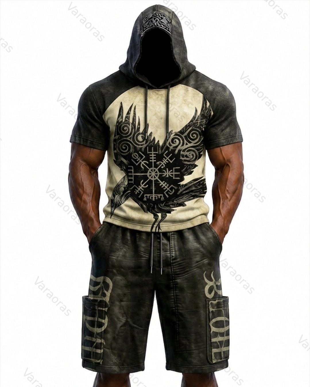 Men's Viking Color-Blocked Raven Embroidered Hoodie and Pants Two-Piece Set 8294