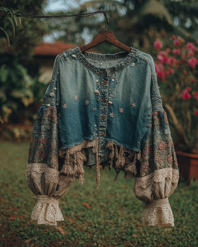 Spring/Summer Color Block Denim Cotton Linen Embroidered Top2695