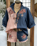 Women's Spring Elegant Floral Embroidery Color-Blocked Linen Short-Sleeve Top 7120