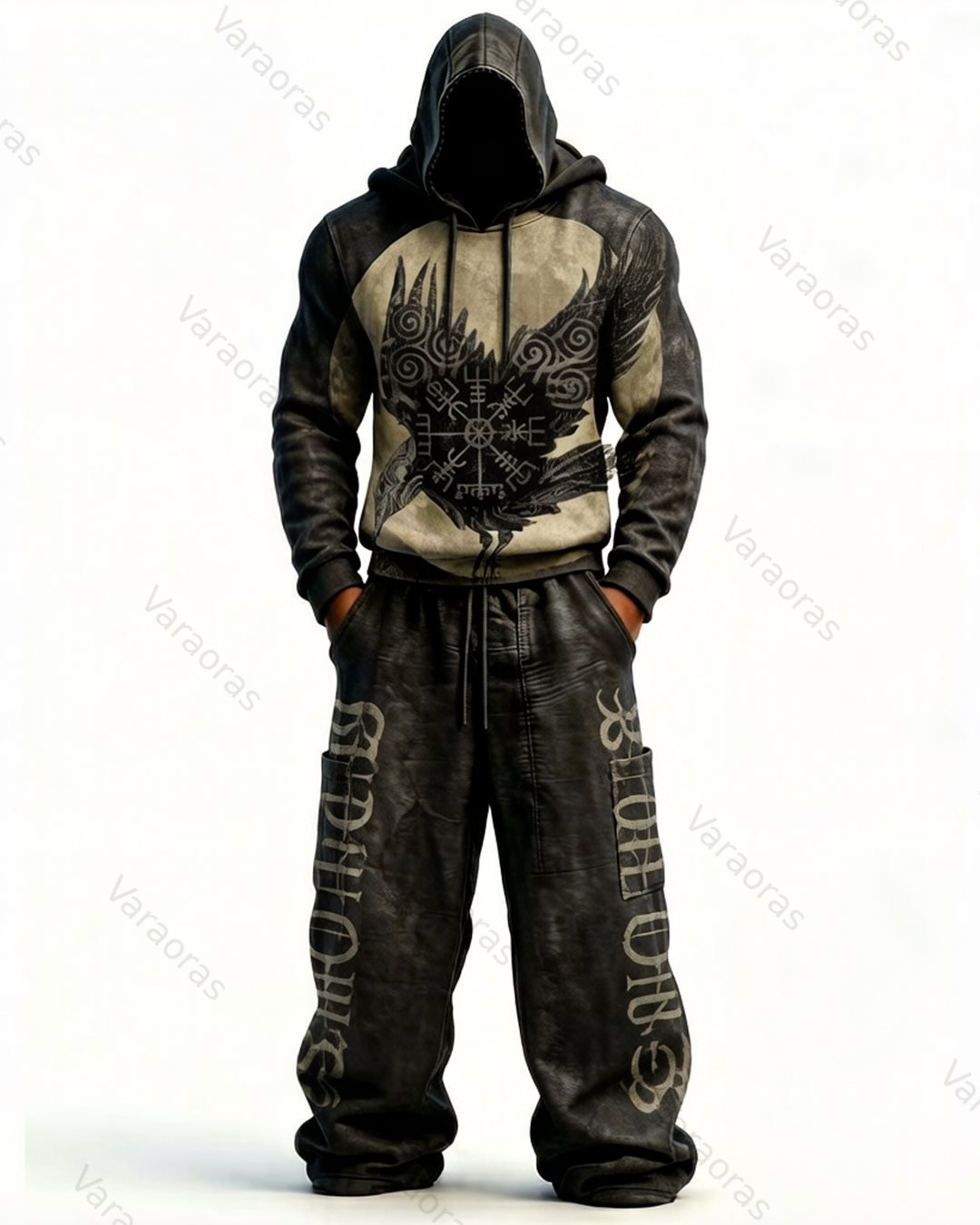 Men's Viking Color-Blocked Raven Embroidered Hoodie and Pants Two-Piece Set 8294