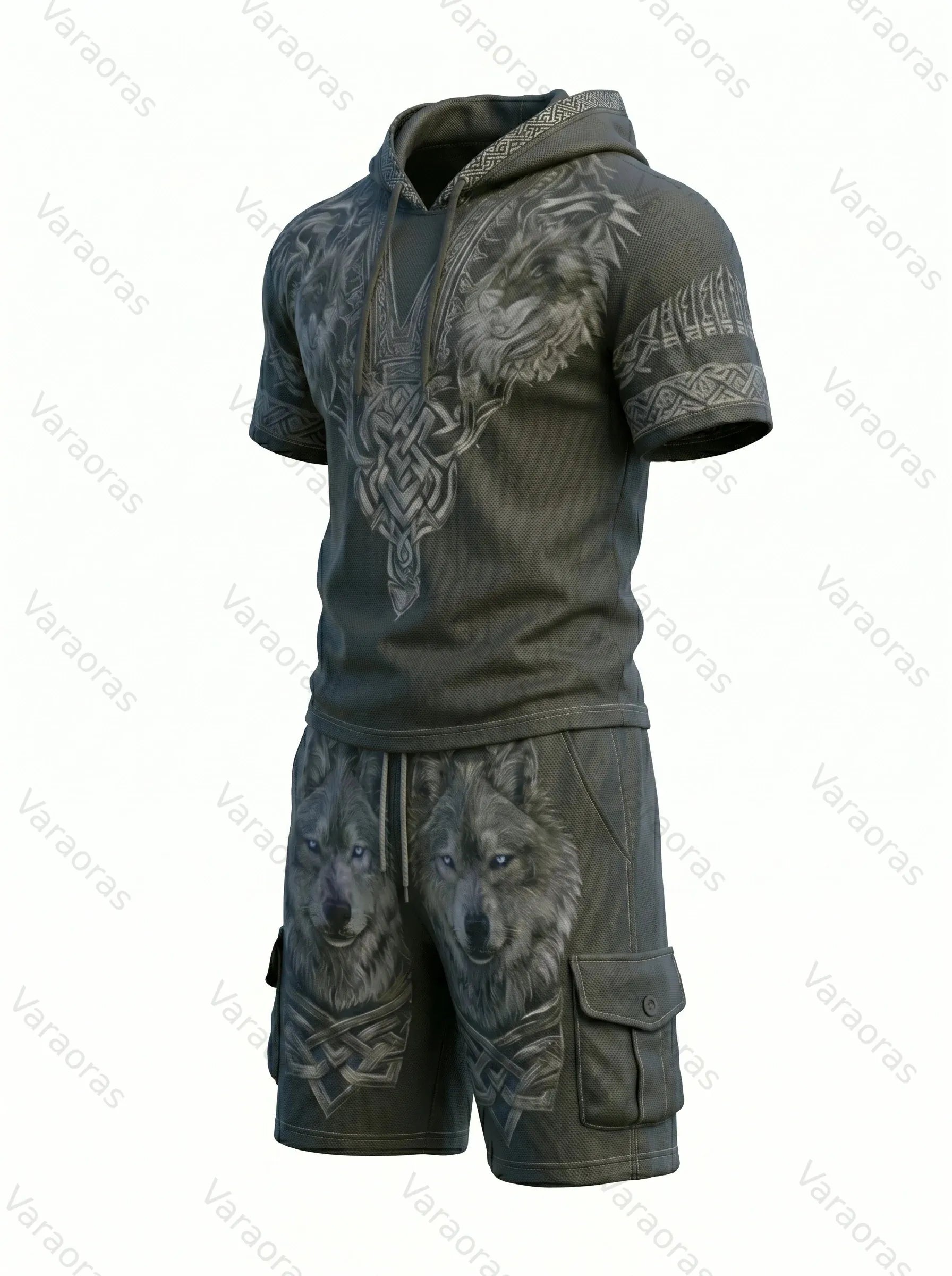 Men's Viking Contrast Color Wolf Embroidered Short-Sleeve Hoodie & Shorts Two-Piece Set 2819