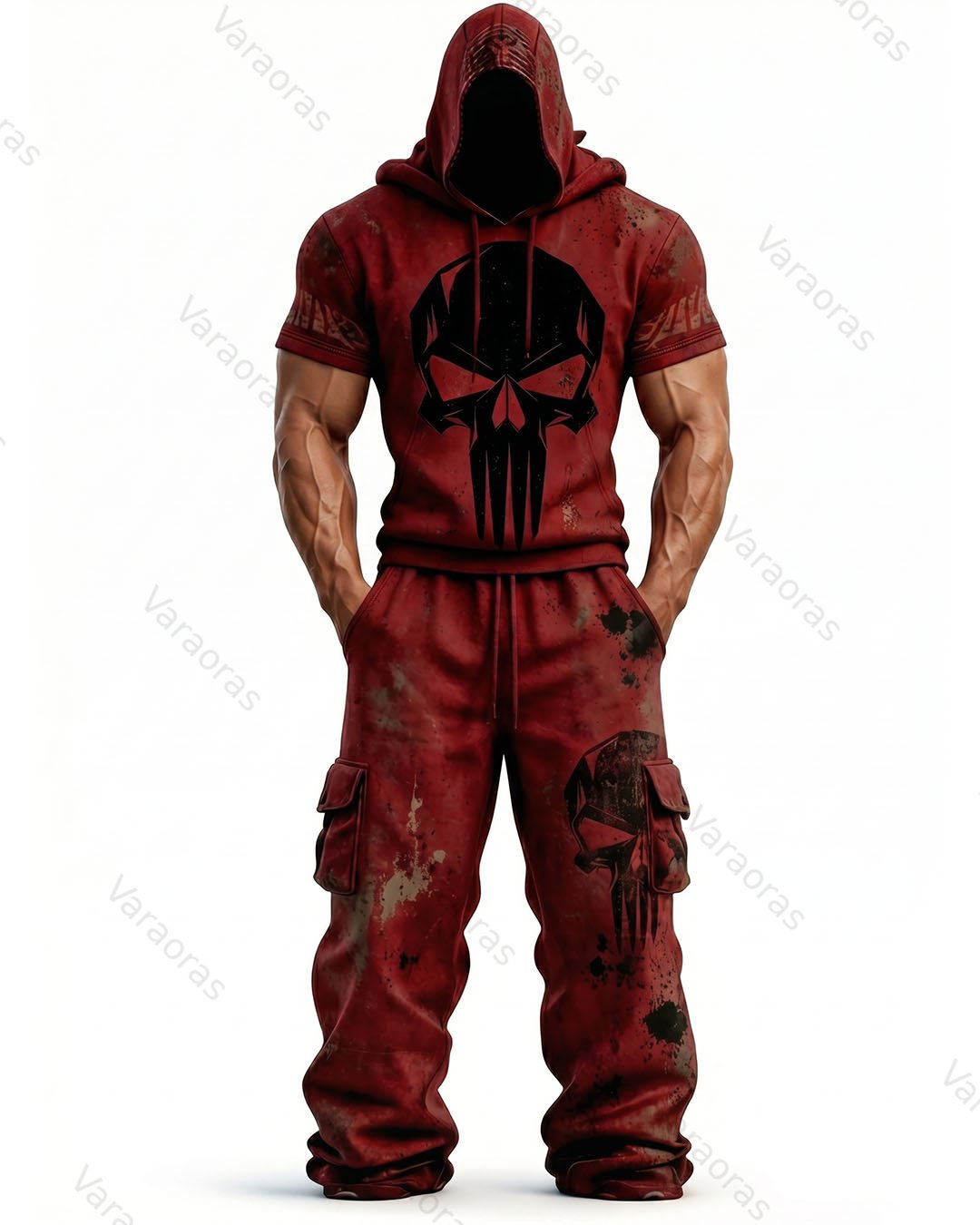 Men's Fashion Skull Contrast Color Embroidered Hoodie & Pants Two-Piece Set 8954