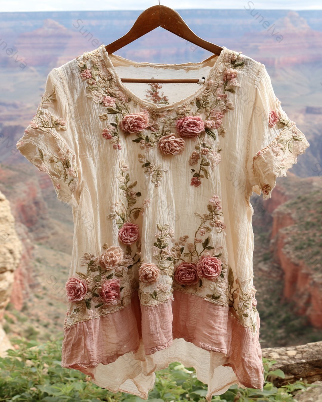 Women's Summer Floral Embroidered Color-Blocked Short-Sleeve Top 8496