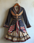 Women's Spring Outdoor Fashion Celebrating America's 250th Anniversary Theme Eagle Embroidered Cotton Linen Dress  3787