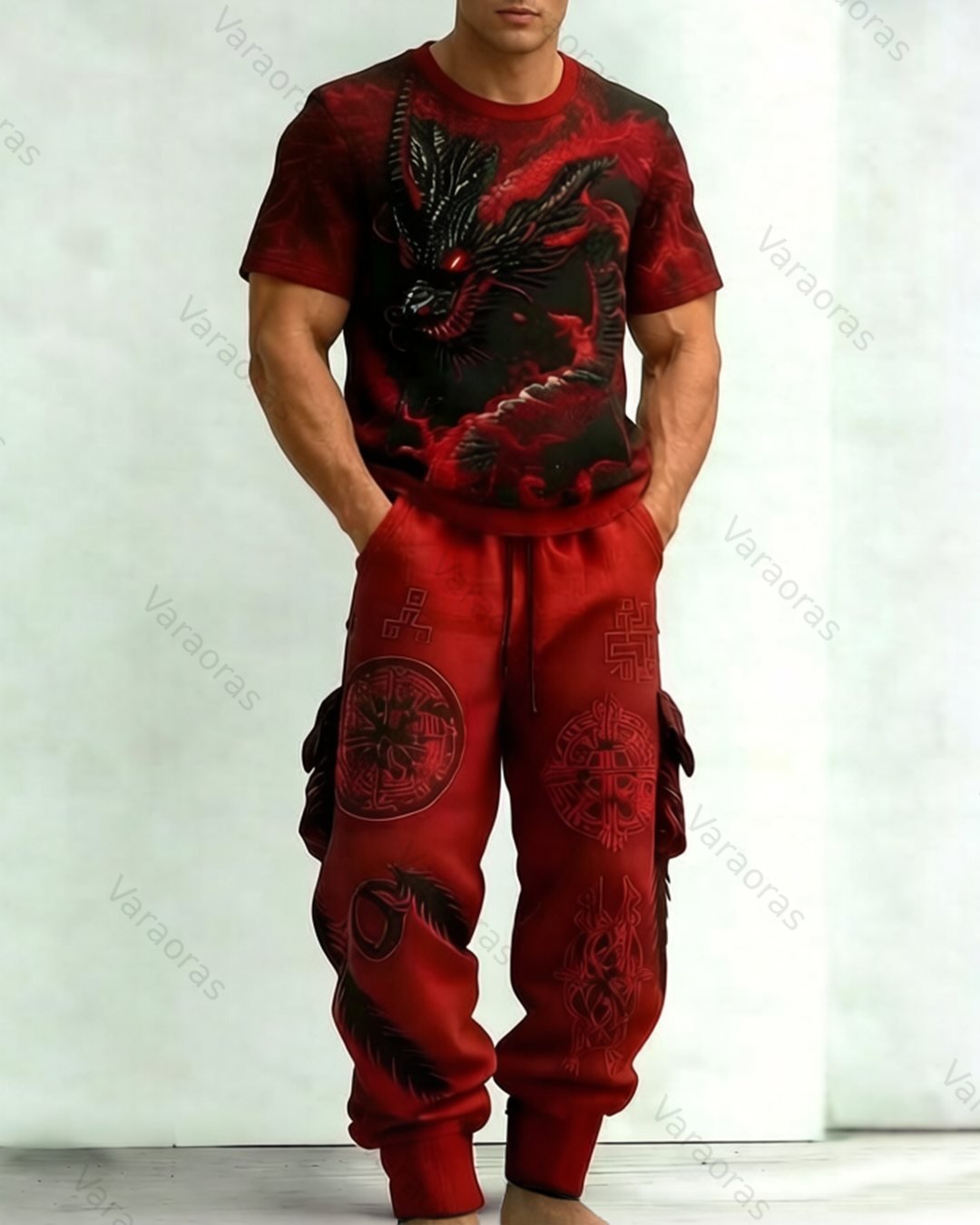 Men's Viking Summer Color-Blocked Short-Sleeve Shirt and Long Pants Set 4694