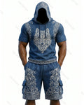 Men's Viking Contrast Color Wolf Embroidered Short-Sleeve Hoodie & Shorts Two-Piece Set 4955
