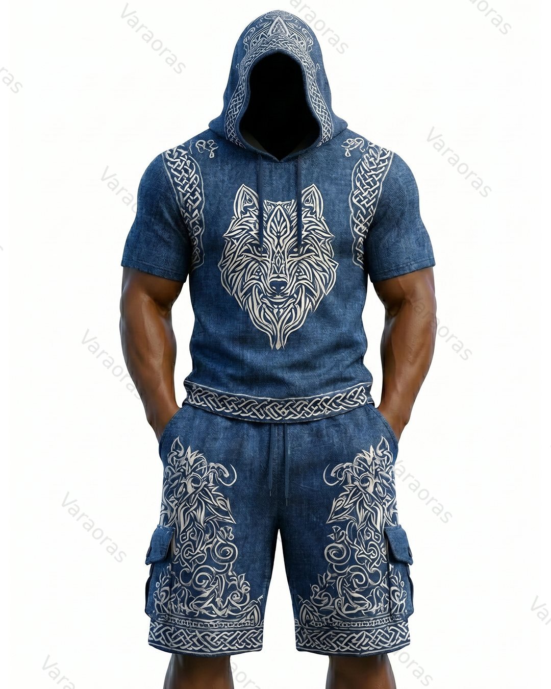 Men's Viking Contrast Color Wolf Embroidered Short-Sleeve Hoodie & Shorts Two-Piece Set 4955