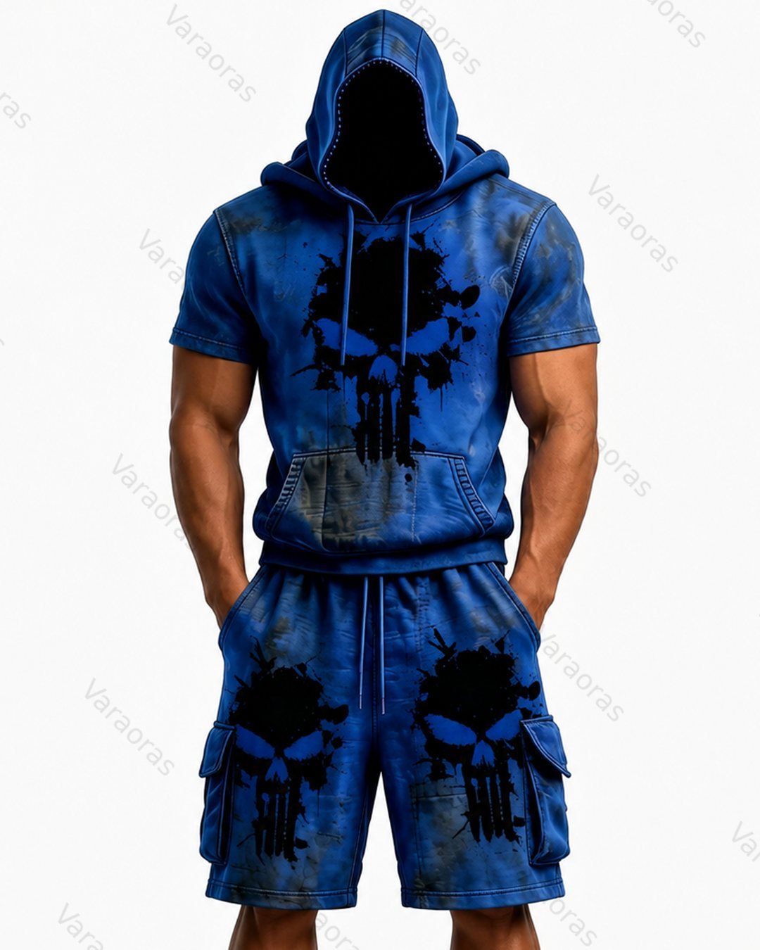 (Short Set) Men's Color-Block Skull-Embroidered Hoodie & Pants Two-Piece Set 1434