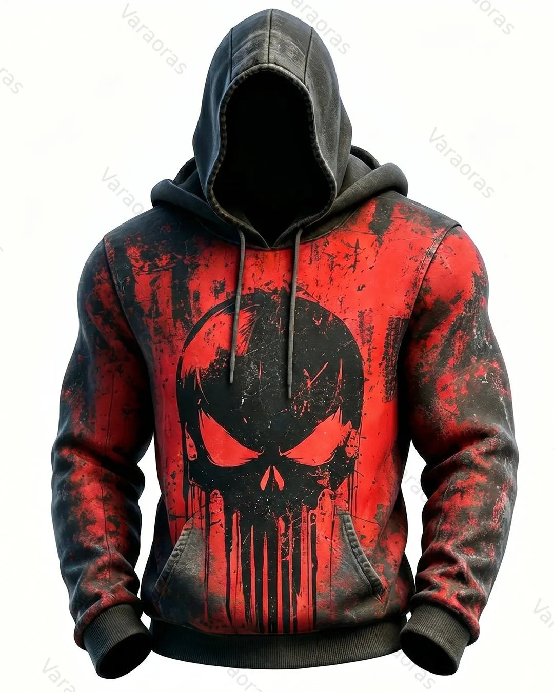 (Short Set) Men's Fashion Vintage Contrast Color Skull Embroidered Hoodie & Pants Two-Piece Set 5721