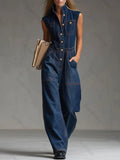 Women's Casual Sleeveless Cotton Denim Jumpsuit ab46