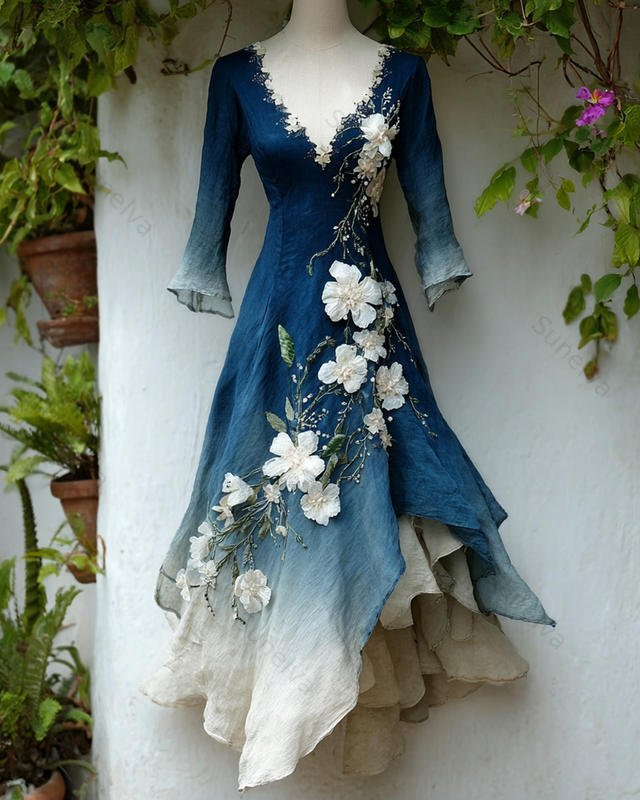 Women's Elegant Gradient Flowers Irregular Ruffle Linen Dress 8009