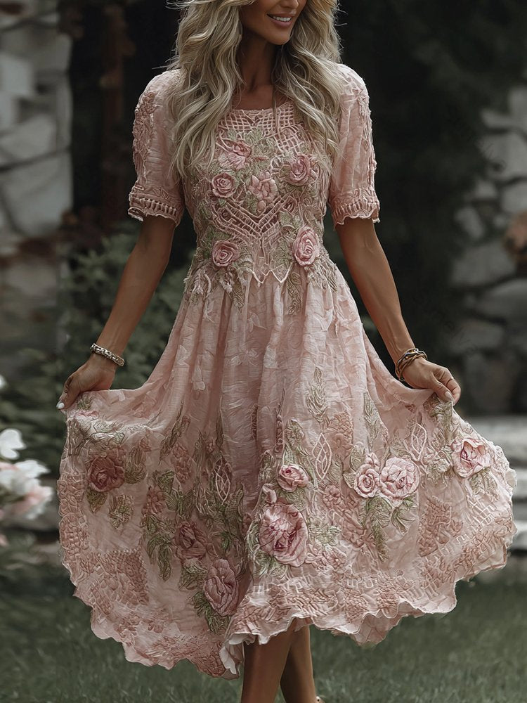 Women's Floral Art Print Flowy Linen Blend Casual Short Sleeve Maxi Dress dd62