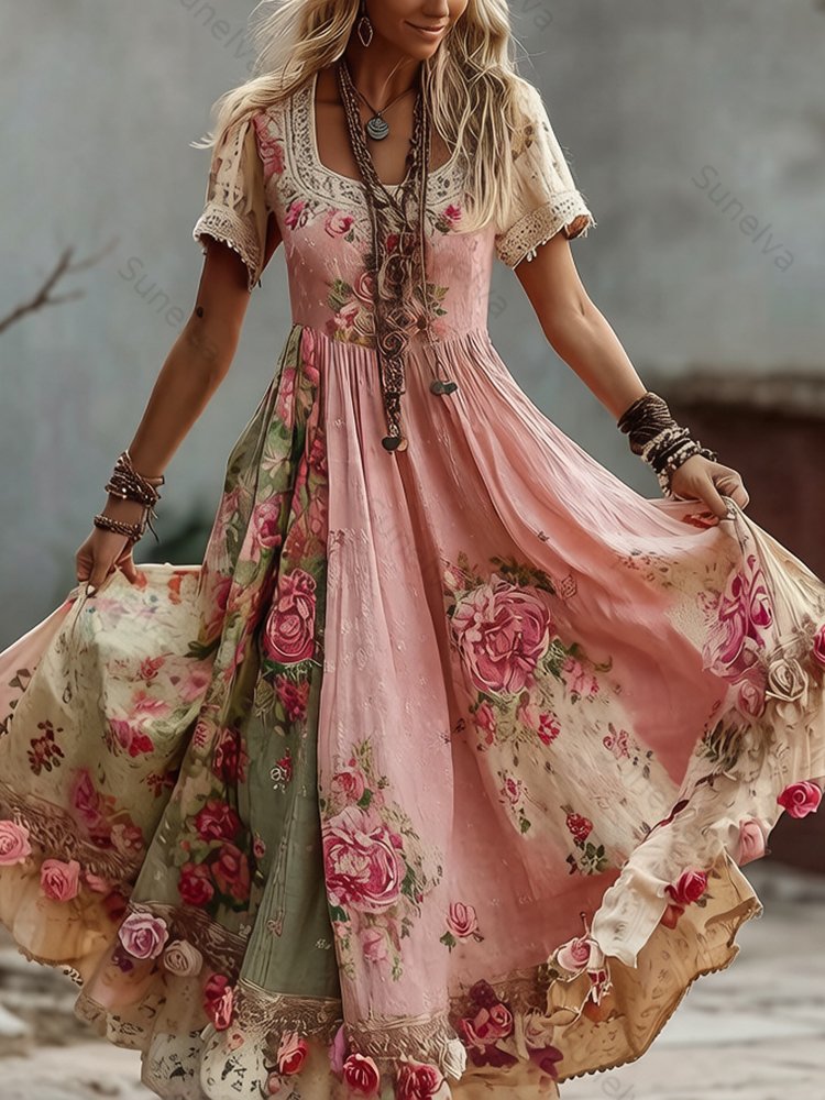 Women's Floral Patchwork Art Print Flowy Linen Blend Casual Short Sleeve Maxi Dress fbbe