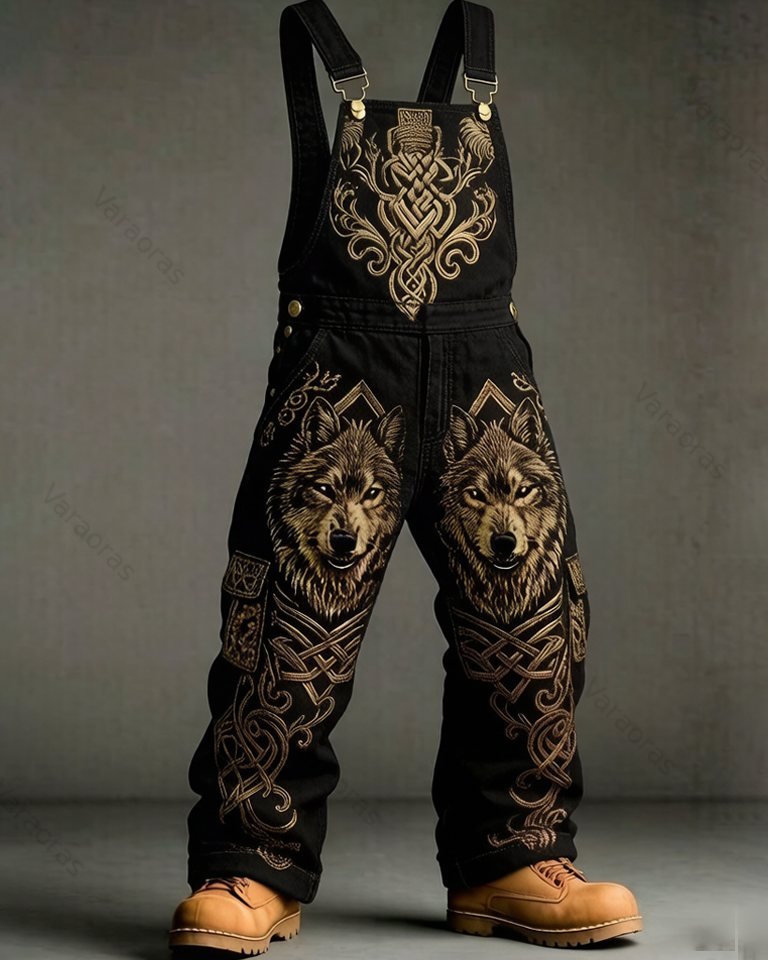Men's Summer Outdoor Fashion: Viking Wolf Head Embroidered Overalls 9722