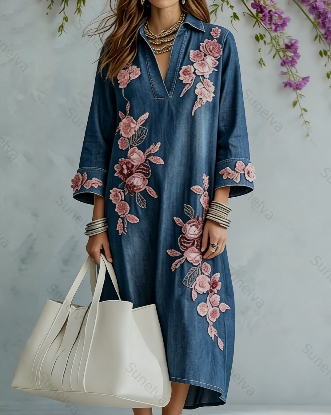 Women's Summer Pink Floral Embroidered Denim Dress 1148