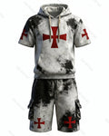 Men's Viking Contrast Color Cross Embroidered Short-Sleeve Hoodie & Shorts Two-Piece Set 7152